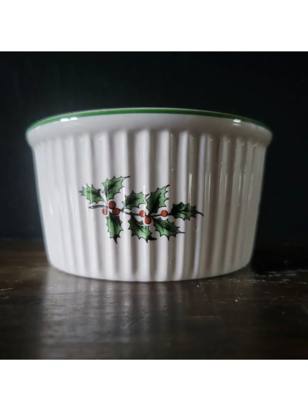 Spode Christmas Tree Ramekin White Ribbed Ceramic With Holly Motif & Green Rim
